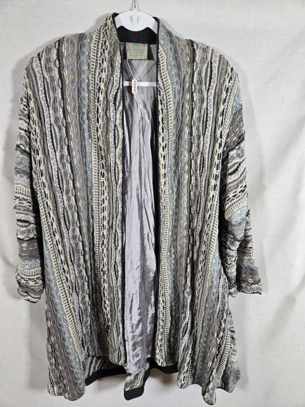 Vintage COOGI Australia Lined Cardigan Jacket 3D Knit Open Front Gray- Small S